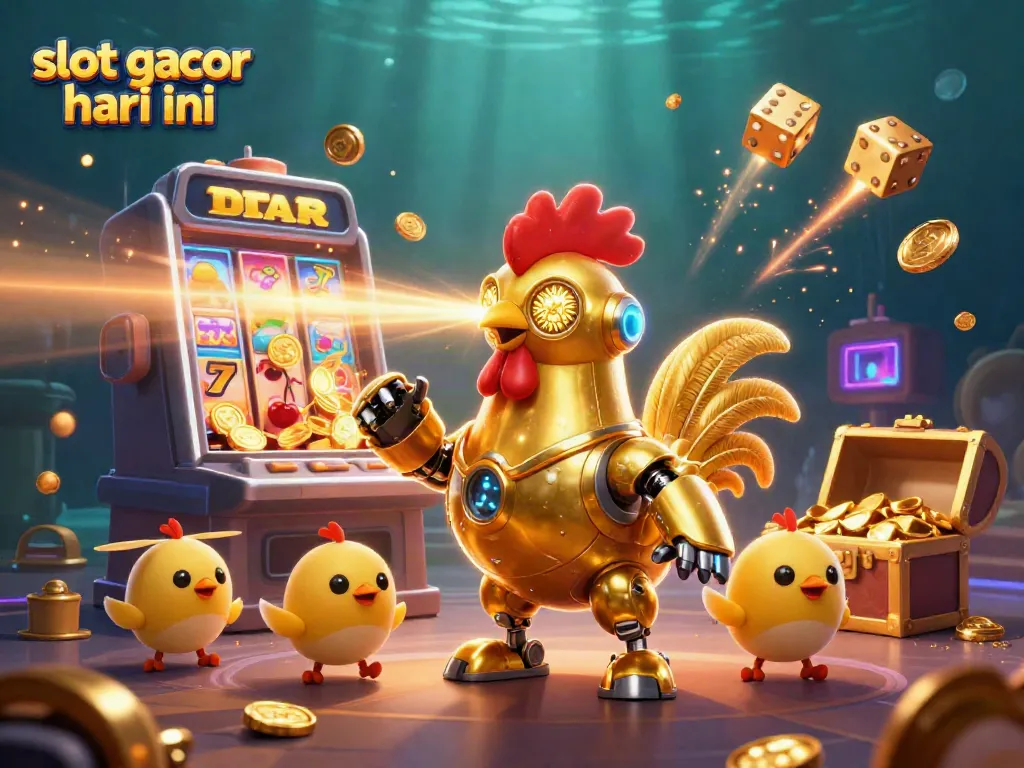 Experience excitement with the golden rooster robot in a vibrant slot gacor hari ini scene, engaging in casino action.
