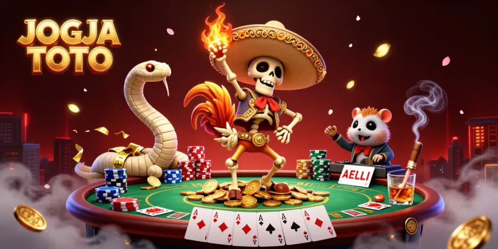 Experience thrilling wins with JOGJA TOTO as a mariachi rooster celebrates on a rich, animated casino scene.