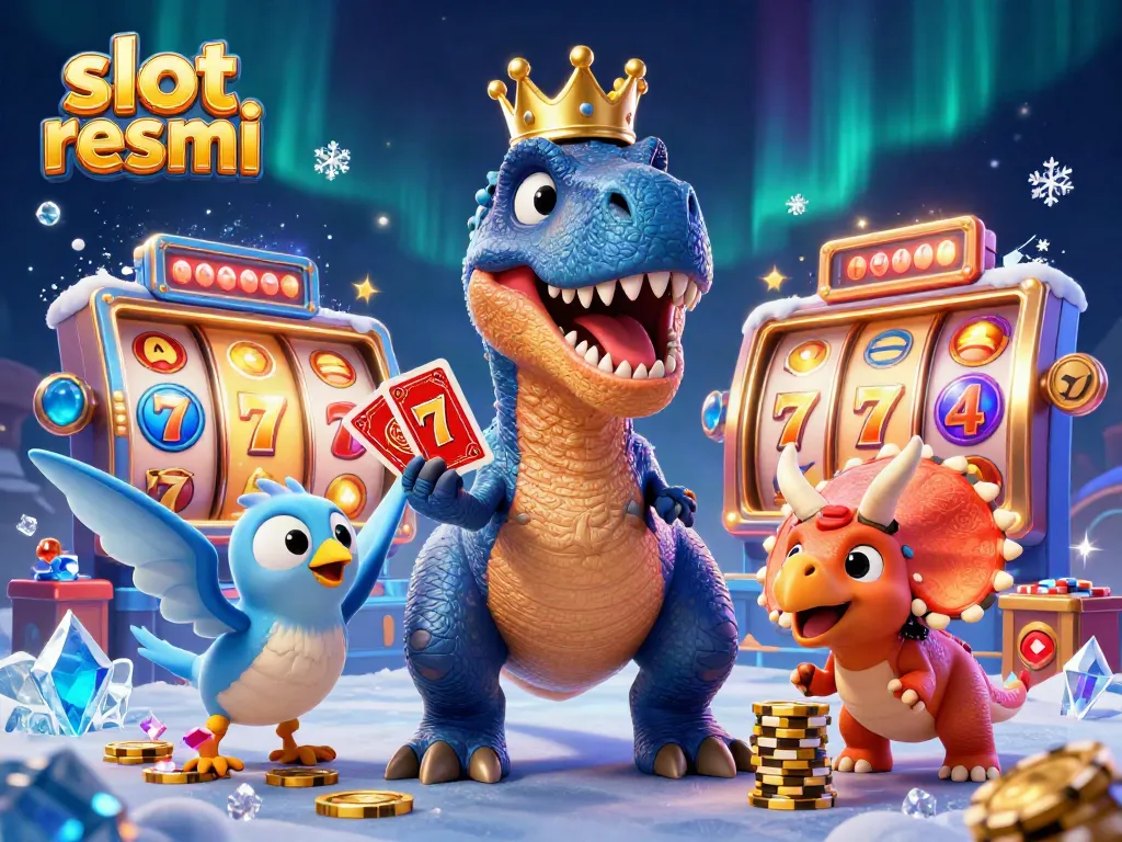 Experience the thrill of slot resmi as a friendly T-Rex shuffles cards, surrounded by vibrant slot elements.