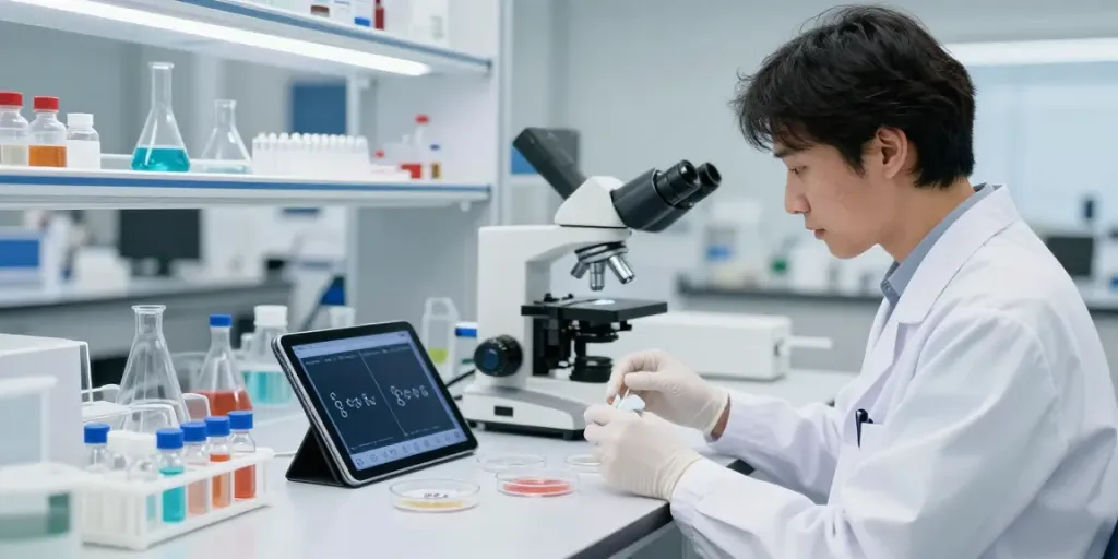 The researcher examines samples in a professional lab, showcasing the cheapest peptides for analysis.
