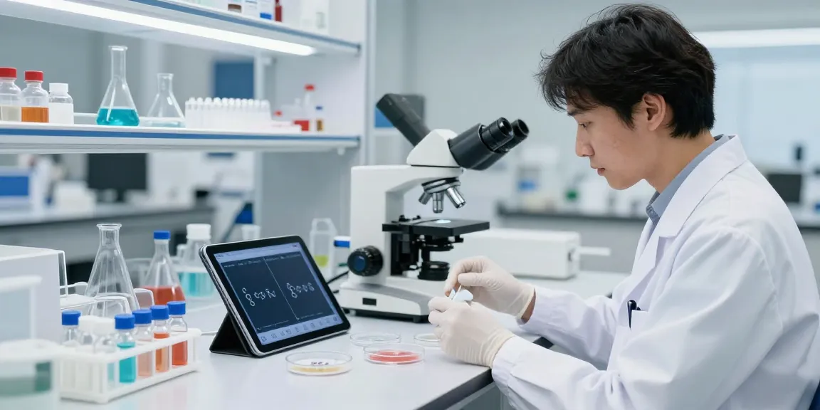 The researcher examines samples in a professional lab, showcasing the cheapest peptides for analysis.