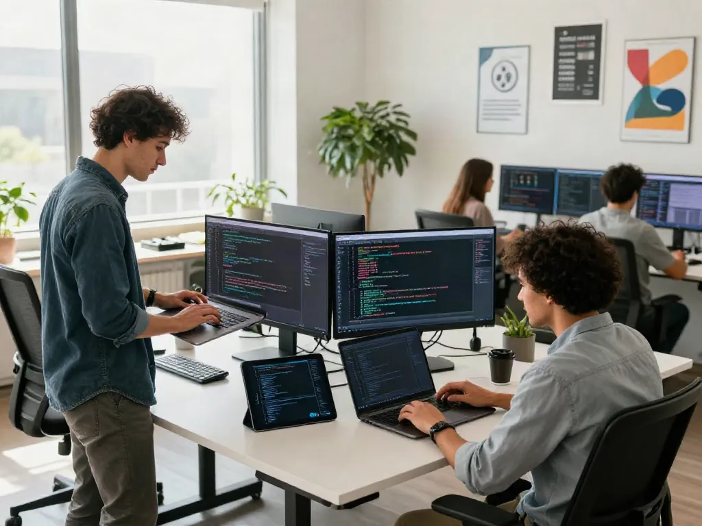 Developers collaborating in a modern tech workspace, pop over to this site for coding insights.