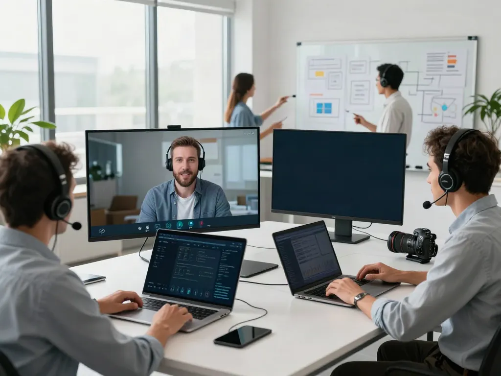 Deepfake protected Conferencing with professionals collaborating in a bright modern office environment.