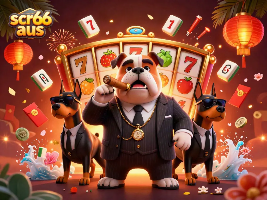 Engage with scr66 aus at an exciting casino-themed scene of a mafia bulldog and dobermans amidst slot reels.