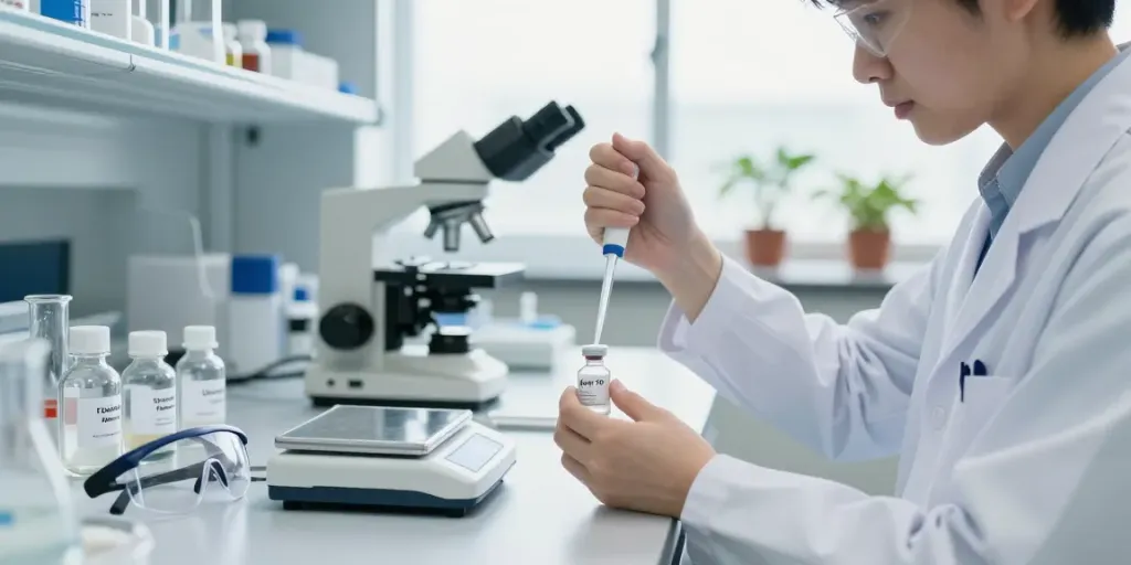 Researcher preparing glow 70 peptide blend in a modern lab.