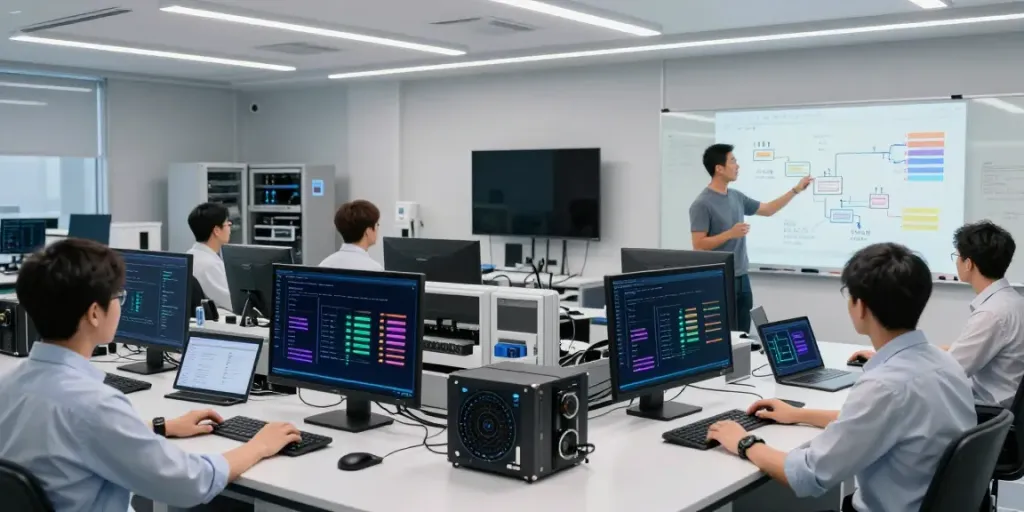 Engineers discussing AI token workflows in a modern tech lab, showcasing what are AI tokens.