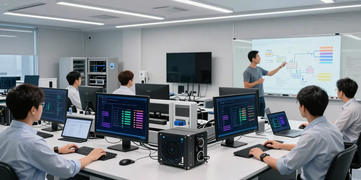 Engineers discussing AI token workflows in a modern tech lab, showcasing what are AI tokens.