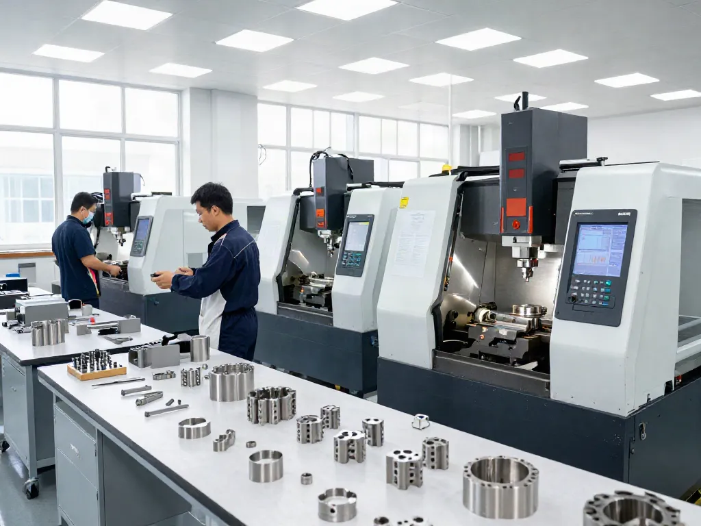 High-precision CNC machining parts being crafted in a professional workshop