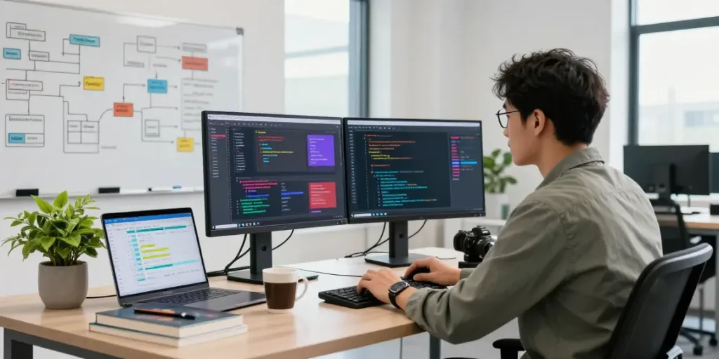 Developer engrossed in coding for mvp development service in a modern office with vibrant displays.
