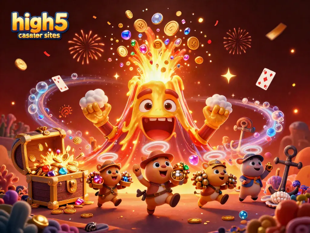 Experience winning opportunities at high 5 casino sister sites with vibrant treasure-filled 3D illustration.