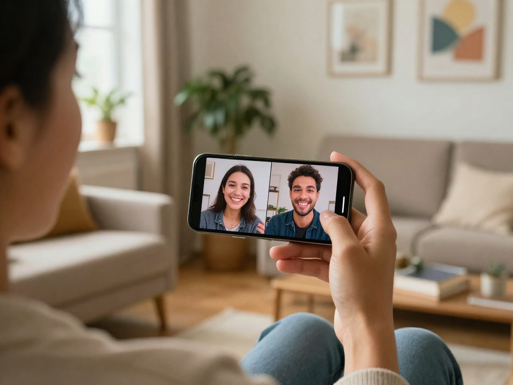 Engaging in pink live chat video call in a cozy living room, showcasing authentic interaction.