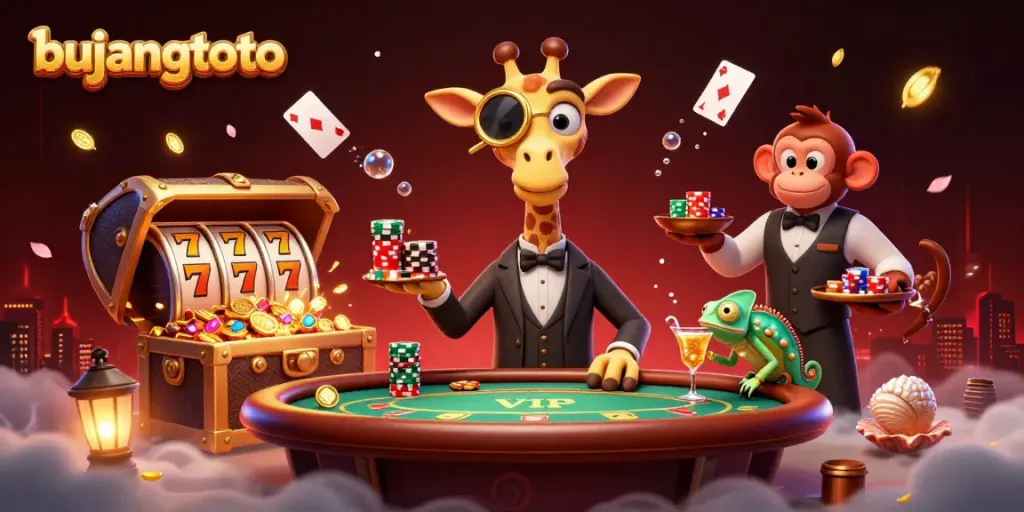 Experience thrilling gameplay with bujangtoto featuring high-roller giraffe at a poker table amid rich casino elements.