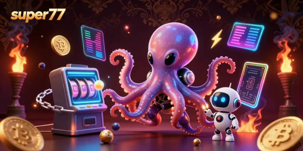 Engage in exciting slots action at super77 with a playful alien octopus at a holographic slot machine.