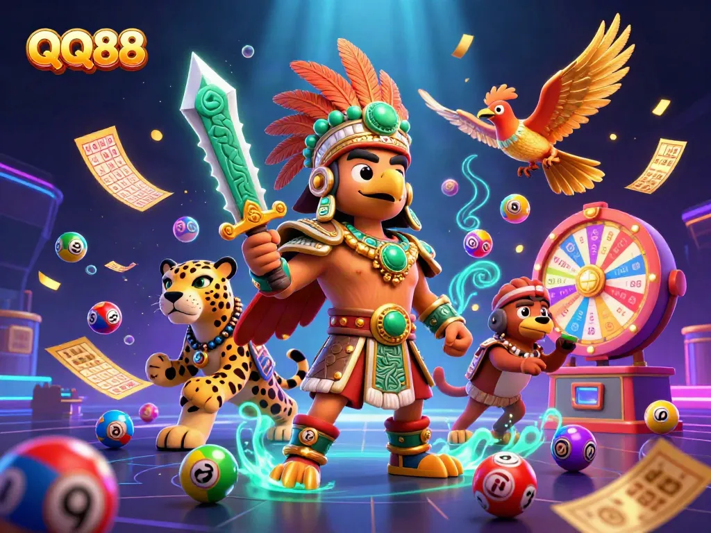 Experience the excitement of QQ88 with dynamic casino elements and vibrant characters in a rich 3D scene.