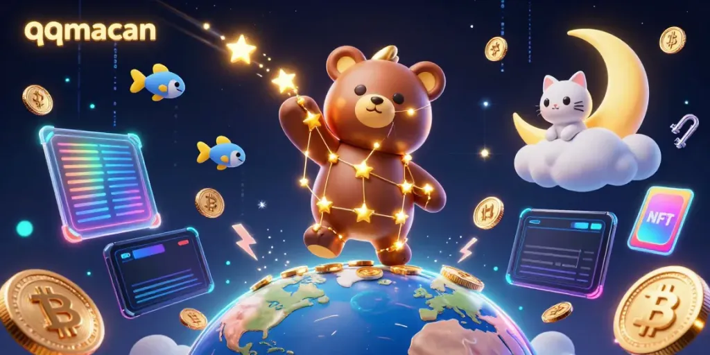 Engage with qqmacan's vibrant 3D casino universe featuring cosmic characters and crypto coins.