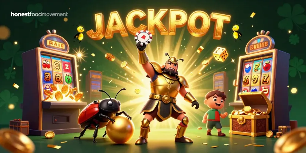 Experience the thrill of the honestfoodmovement with a hero beetle raising a poker chip amidst a jackpot explosion in this vibrant illustration