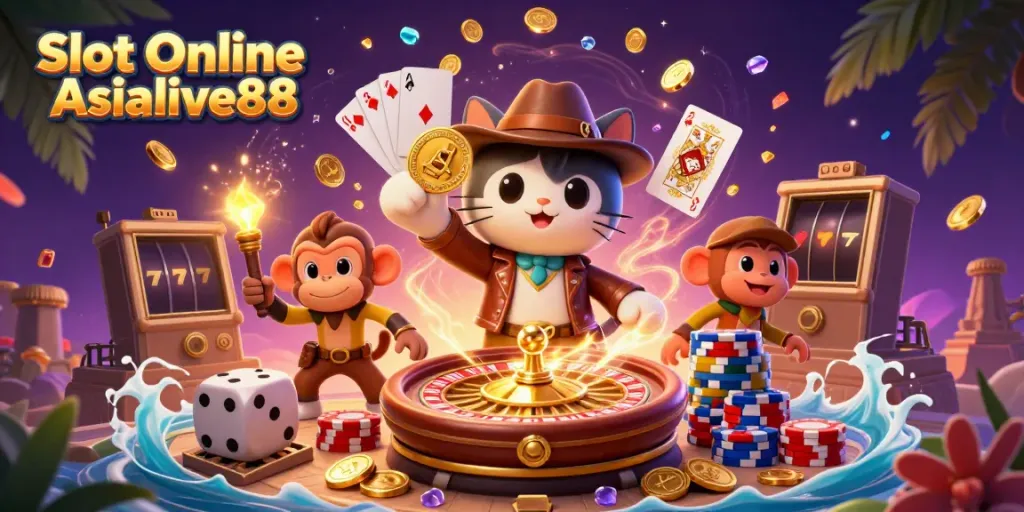 Experience the thrill of Slot Online Asialive88 with a vibrant 3D casino exploration scene.
