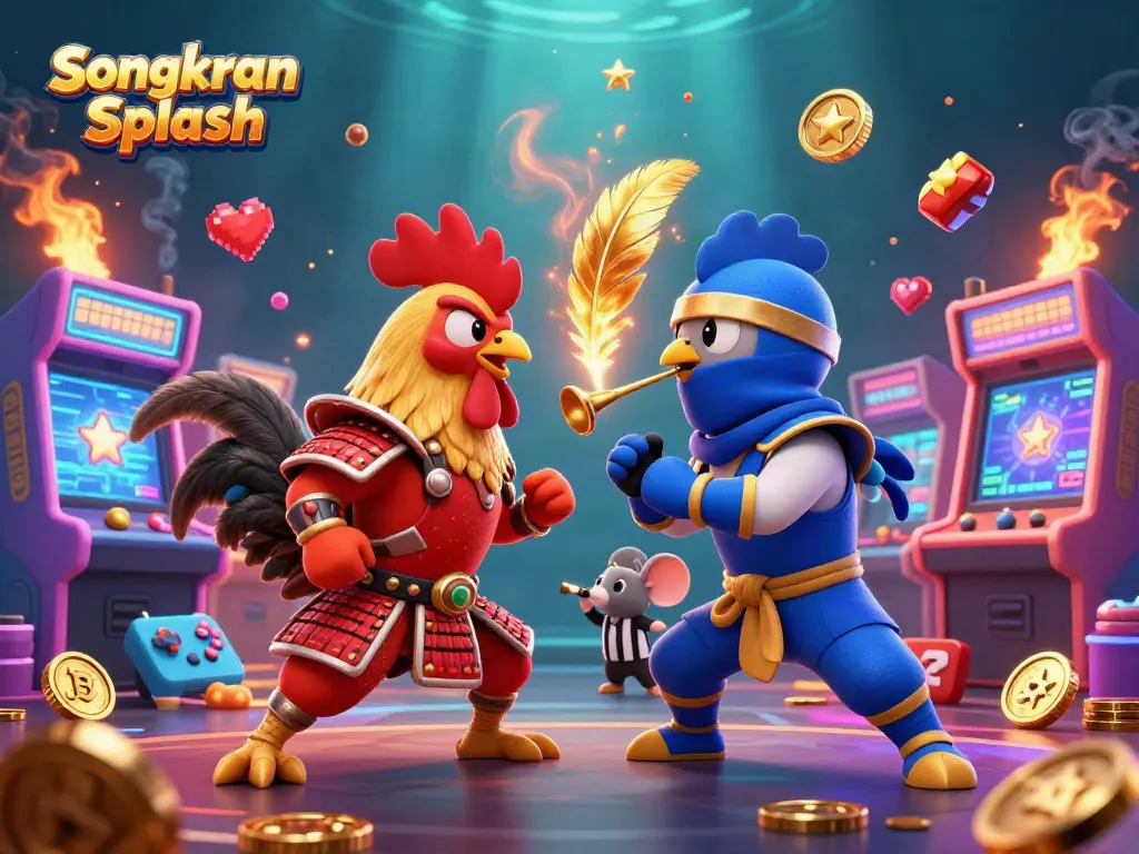 Experience Songkran Splash in an exhilarating scene featuring dynamic roosters and casino elements.