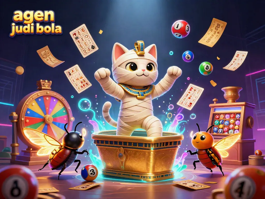 Experience the excitement of agen judi bola with a vibrant, 3D illustration of a mummy cat in a dynamic casino scene.