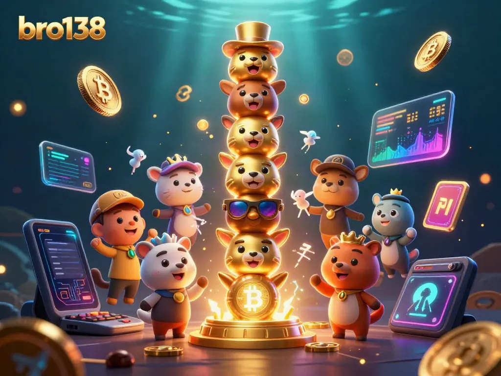 Spin and win with bro138, showcasing vibrant 3D cartoon totem and crypto elements for a premier online gaming experience.
