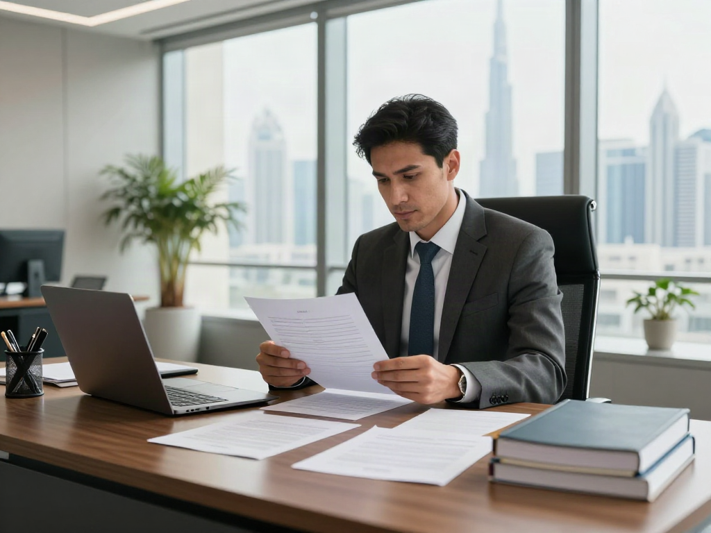 Debt Recovery Lawyer in Dubai analyzing case files in a professional office setting.