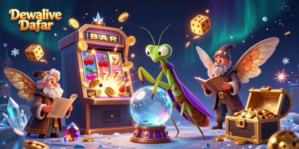 Dewalive Daftar casino illustration featuring a fortune teller and moth librarian amidst slot machine jackpots and gaming elements.