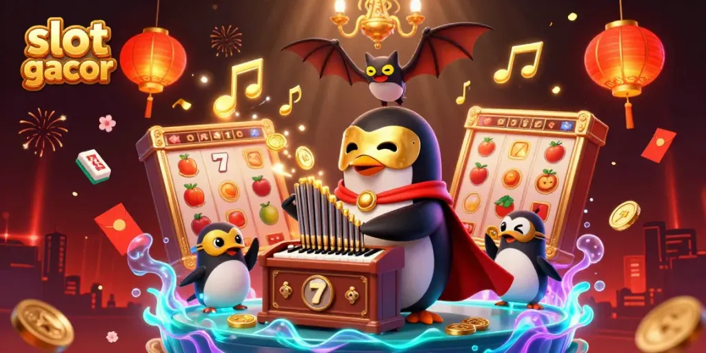 Engage with the slot gacor scene featuring a golden organ-playing penguin and rich casino elements.