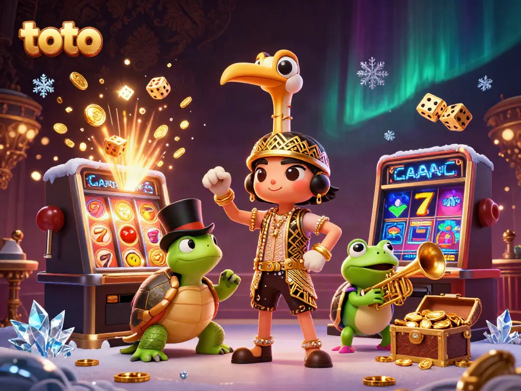 Engage with thrilling toto gameplay amidst festive casino characters and bright jackpots.