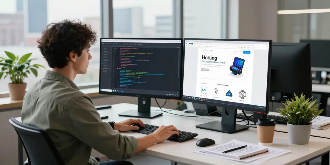 Desarrollador web trabajando en su computadora con código y vista de hosting en México.