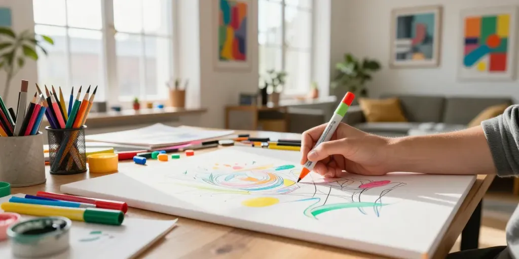 Marker pen supplier in a vibrant creative workspace with colorful stationery.