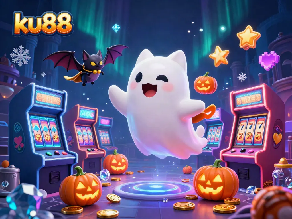 Engage with ku88's thrilling ghost cat in a haunted casino filled with vibrant gaming elements.