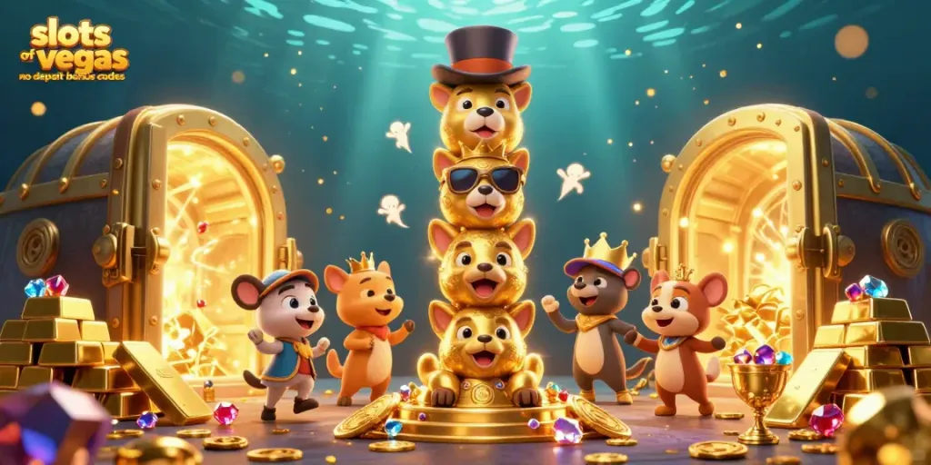 Experience slots of vegas no deposit bonus codes with a vibrant 3D casino scene full of treasures.