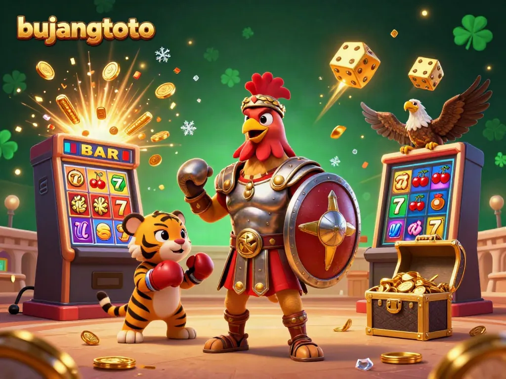 Experience the thrill of bujangtoto with a 3D illustration showcasing dynamic casino elements and characters.