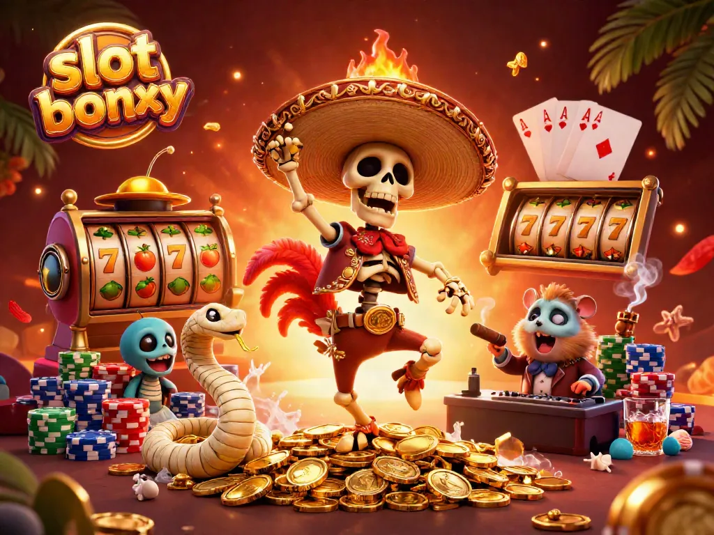 Experience the excitement of a slot bonus celebration with a dancing mariachi rooster and vibrant casino elements.