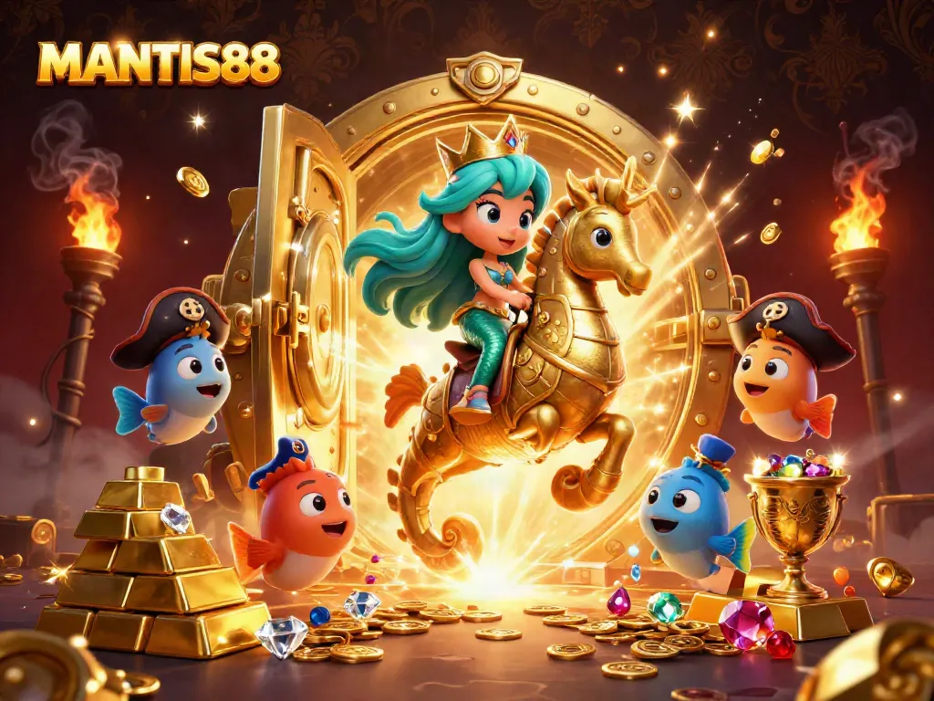 MANTIS88 showcases a vibrant 3D scene with a mermaid princess, seahorse, and treasure elements, enriching the gaming experience.