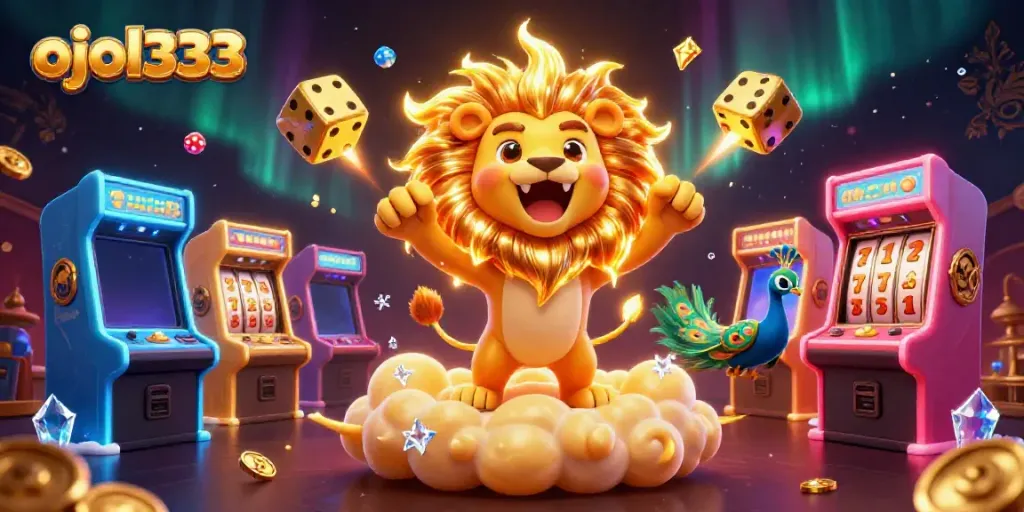 Experience the vibrant action of ojol333 with a roaring sun lion, golden dice, and exhilarating jackpot vibes.
