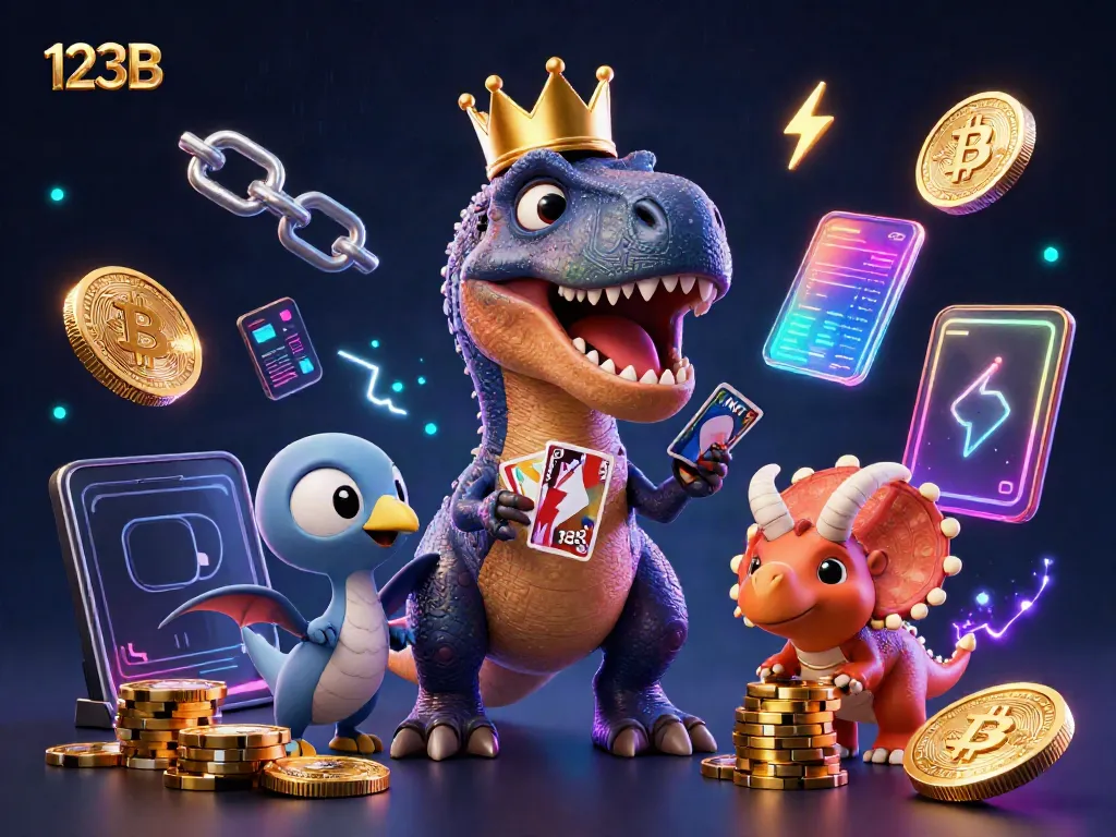 Engage in thrilling gameplay with 123B in an electrifying animated scene featuring dinosaurs and cryptocurrency elements.