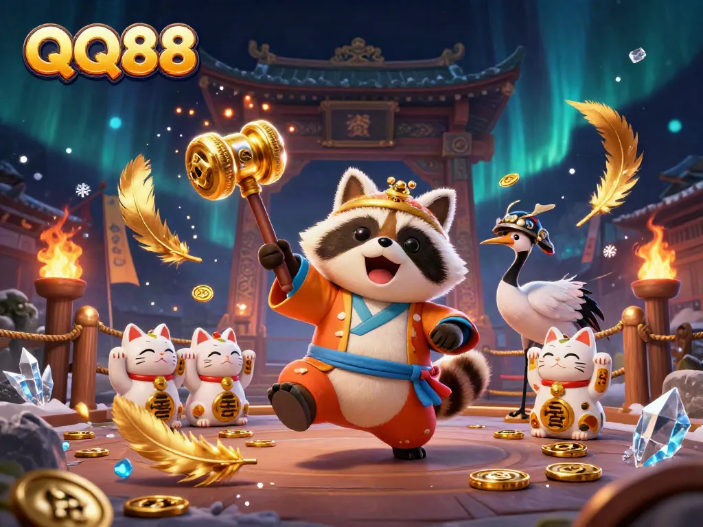 Spin the reels with QQ88 featuring a tanuki, crane, and fortune cats in a vibrant 3D casino scene.