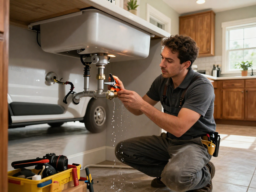Urgent leak repair Fort Worth scene with plumber fixing a leaky under-sink pipe.