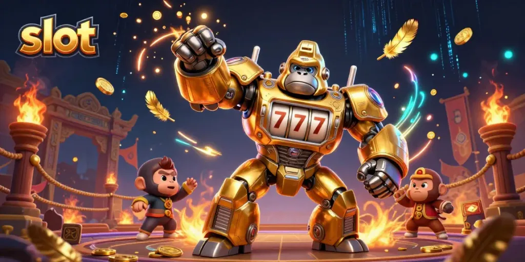 Join the slot adventure with a golden gorilla mech exploding coins and slot machine features.