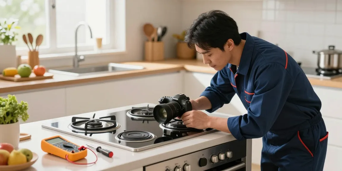 Electric stove repair process with technician diagnosing stovetop in modern kitchen.