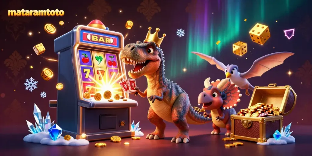 Engaging 3D scene of mataramtoto's characters, the T-Rex and friends enjoy casino games with vivid slot symbols and festive elements.