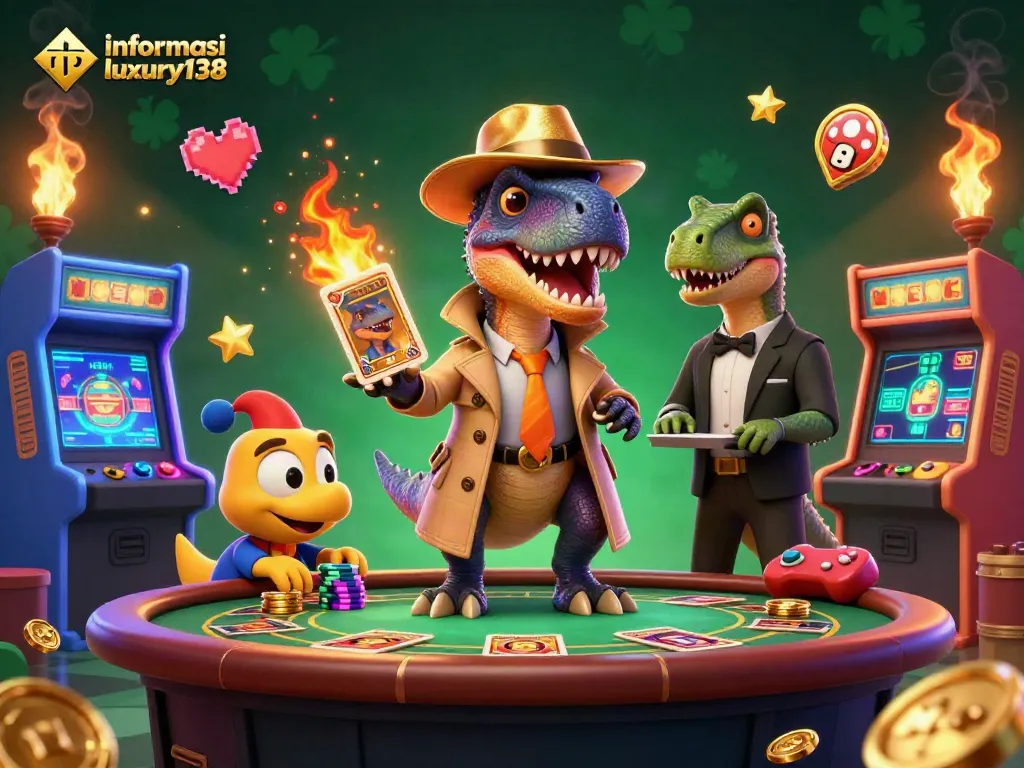Permainan slot dengan informasi rtp luxury138, velociraptor dan stegosaurus beraksi di kasino.