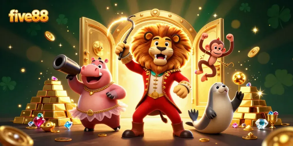 Win big at five88 with vibrant casino characters and treasures in an exciting gambling scene.
