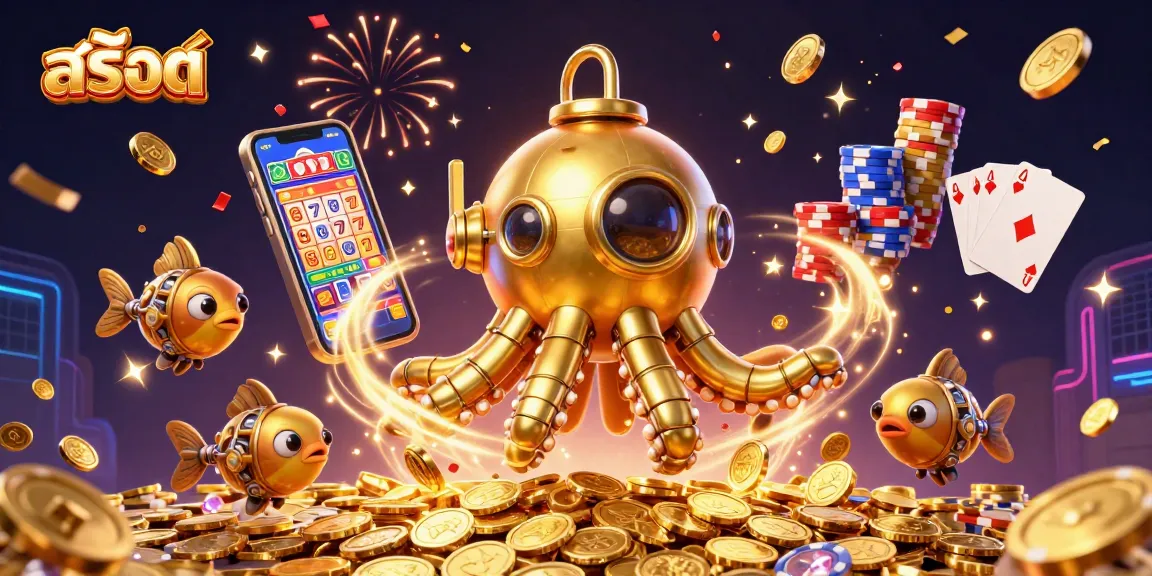 Spin สล็อต reels with a dynamic scene featuring a golden kraken submarine amidst flying coins and game elements.