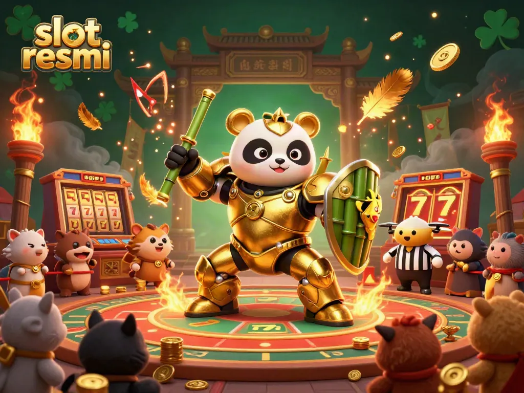 Experience the excitement of slot resmi as a golden panda battles in an animated gambling arena.