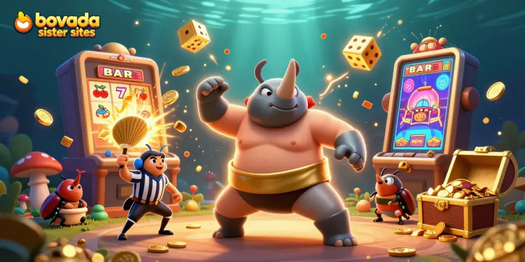 Engage with Bovada sister sites while achieving jackpots amidst an energetic casino-themed scene.