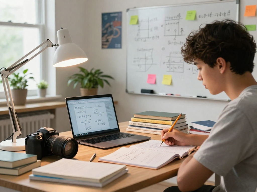 Student engaged in physics tuition study in a cozy home environment, surrounded by textbooks and diagrams.