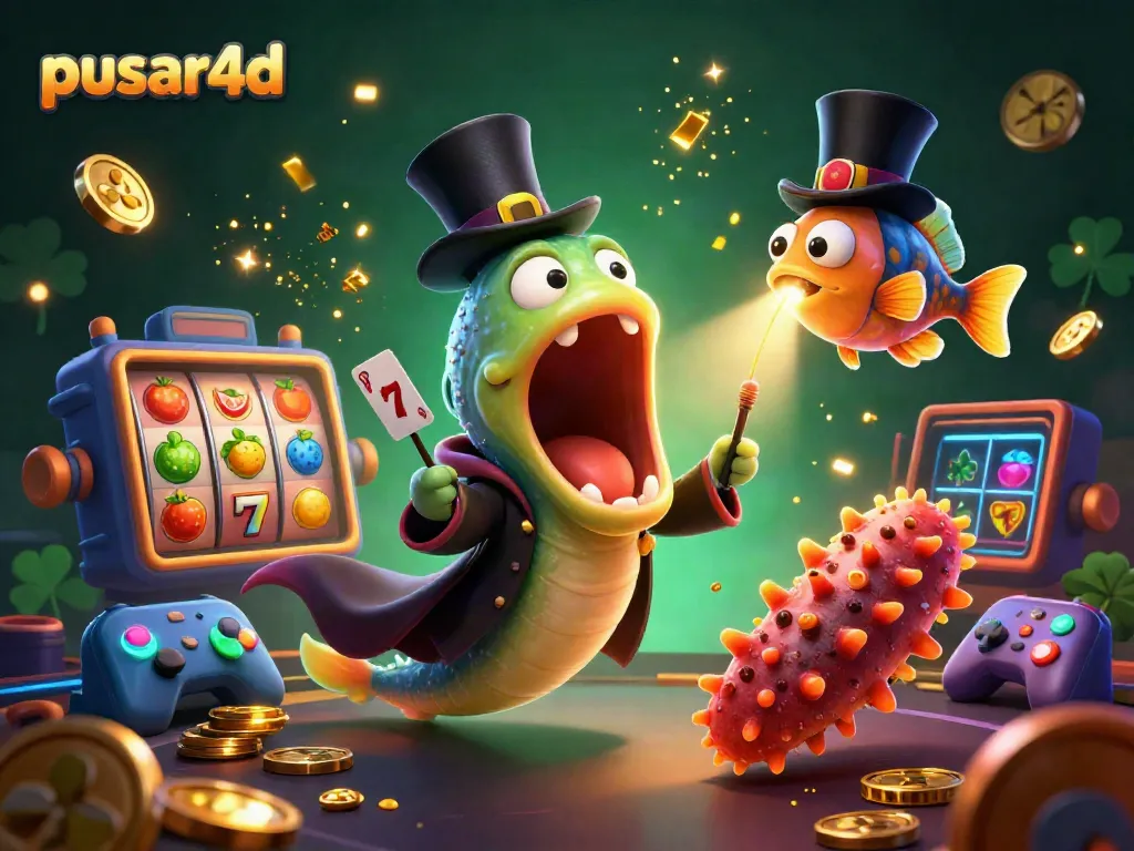 engaging 3D illustration of pusar4d featuring quirky characters and vibrant slot games, perfect for gambling enthusiasts