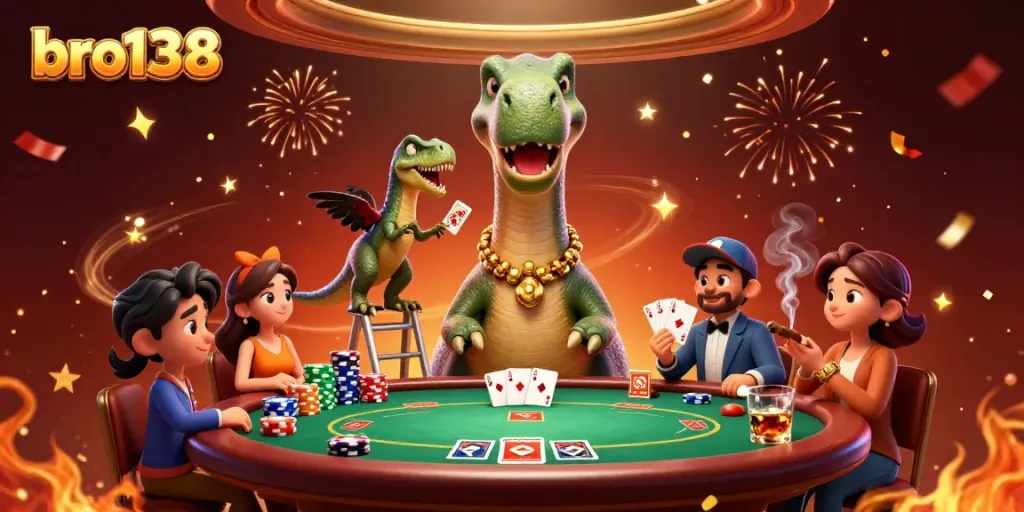 Experience the excitement of bro138 with playful characters and vibrant casino elements in a dynamic scene.